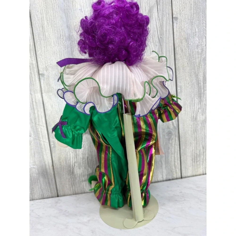 Betty Jane Carter Musical Porcelain Clown Doll Mardi Gras Purple Green Gold 16
